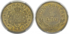 Roumanie
 Ferdinand Ier (1914-1927)
 Epreuve en laiton du 1 leu - 1924 Bruxelles.
 Tranche striée - Frappe monnaie.
 Unique ?
 Frappe d’Epreuve -...