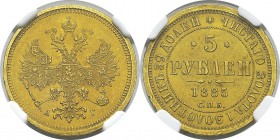 Russie
 Alexandre III (1881-1894)
 5 roubles or - 1885 AГ СПБ Saint-Pétersbourg. 
 Rare et magnifique exemplaire.
 Superbe - NGC MS 62
 800 / 900...