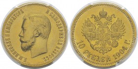 Russie
 Nicolas II (1894-1917)
 10 roubles or - 1904 AP Saint-Pétersbourg. 
 Pratiquement FDC - PCGS MS 64
 350 / 450