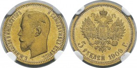 Russie
 Nicolas II (1894-1917)
 5 roubles or - 1909 Б Saint-Pétersbourg. 
 Très rare et d’une qualité exceptionnelle.
 FDC - NGC MS 65
 700 / 800...