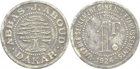 Sénégal
 1 franc en maillechort « Abbas J. Aboud » - 1924 Dakar.
 Semble inédit. Traces d’oxydation. 
 TTB
 200 / 300