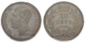 Serbie
 Michel Obrenovich III (1860-1868) 
 10 para - 1868
 D'une qualité remarquable. 
 Pratiquement FDC - PCGS MS 64 BN
 400 / 500