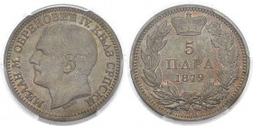 Serbie
 Milan Obrenovich IV (1868-1882) 
 5 para - 1879
 Rare dans cette qualité.
 Pratiquement FDC - PCGS MS 64 RB
 100 / 200