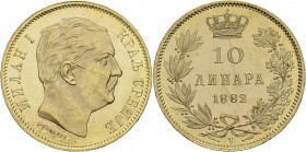 Serbie
 Milan Ier (1882-1889)
 10 dinara - 1882 V Vienne.
 D'une qualité remarquable - D'aspect flan bruni.
 FDC - NGC MS 65
 1.000 / 1.200