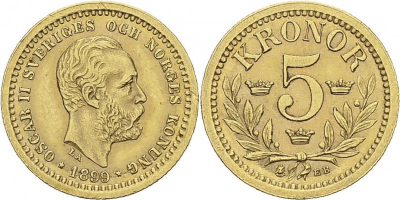 Suède
 Oscar II (1872-1907)
 5 couronnes or - 1899 EB.
 Superbe à FDC
 80 / ...