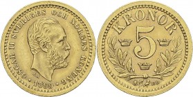 Suède
 Oscar II (1872-1907)
 5 couronnes or - 1899 EB.
 Superbe à FDC
 80 / 120
