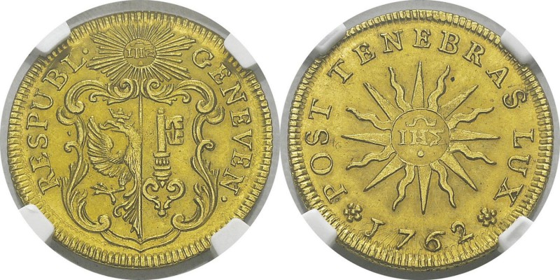 Suisse Canton de Genève
 1 pistole or - 1762
 D'une qualité remarquable. 
 Pr...