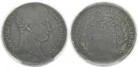 Suisse 
 Canton de Genève
 Napoléon Ier (1804-1814) 
 5 francs - An 13 G Genève. 
 Très rare.
 Pratiquement B - PCGS G 4
 600 / 800