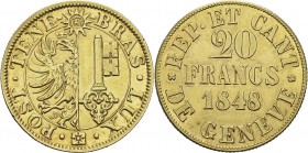 Suisse 
 Canton de Genève 
 20 francs or - 1848
 Rare - 3421 exemplaires. Nettoyé.
 Superbe à FDC
 800 / 900