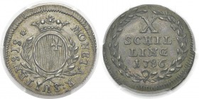 Suisse 
 Canton de Schwyz
 10 schilling - 1786
 Très rare dans cette qualité. 
 Superbe à FDC - PCGS MS 62
 200 / 400