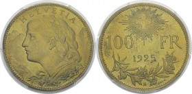 Suisse
 Confédération helvétique (1848 à nos jours) 
 Essai en laiton du 100 francs or - 1925 B Berne. 
 Tranche lisse.
 Très rare et magnifique e...
