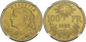 Suisse
 Confédération Helvétique (1848 à nos jours) 
 100 francs or - 1925 B Berne.
 D’une qualité exceptionnelle. FDC - NGC MS 65
 16.000 / 18.00...