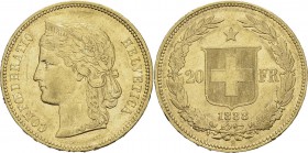 Suisse
 Confédération helvétique (1848 à nos jours) 
 20 francs or - 1888 B Berne.
 Très rare et magnifique exemplaire.
 Superbe - NGC AU 58
 6.5...