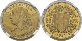 Suisse
 Confédération helvétique (1848 à nos jours) 
 20 francs or - 1930 B Berne.
 FDC Exceptionnel - NGC MS 66
 350 / 450