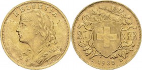 Suisse
 Confédération helvétique (1848 à nos jours) 
 20 francs or - 1935 LB Berne.
 Très rare monnaie fautée, empreinte d’impureté (struck through...