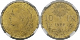 Suisse
 Confédération helvétique (1848 à nos jours) 
 10 francs or - 1922 B Berne.
 Qualité exceptionnelle.
 FDC Exceptionnel - NGC MS 67
 600 / ...