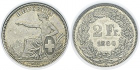 Suisse
 Confédération helvétique (1848 à nos jours) 
 2 francs - 1860 B Berne.
 Superbe - NGC AU 58
 300 / 500
