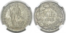 Suisse
 Confédération helvétique (1848 à nos jours) 
 1/2 franc - 1905 B Berne.
 Très rare dans cette qualité. 
 FDC - NGC MS 65
 200 / 400