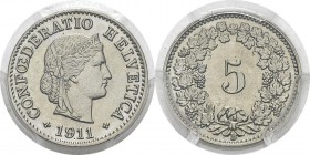 Suisse
 Confédération helvétique (1848 à nos jours) 
 5 centimes - 1911 B Berne.
 Qualité remarquable.
 FDC Exceptionnel - PCGS MS 66
 50 / 100...