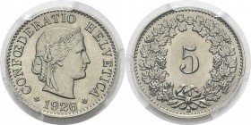 Suisse
 Confédération helvétique (1848 à nos jours) 
 5 centimes - 1926 B Berne.
 Qualité remarquable.
 FDC Exceptionnel - PCGS MS 66
 50 / 100...