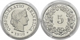 Suisse
 Confédération helvétique (1848 à nos jours) 
 5 centimes - 1936 B Berne.
 Qualité remarquable.
 FDC Exceptionnel - PCGS MS 66
 50 / 100...