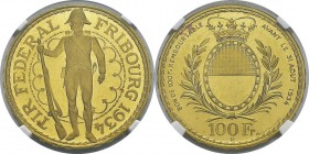 Suisse - Tir Fédéral 
 Canton de Fribourg
 100 francs or - 1934 B Berne.
 D'aspect flan bruni.
 Pratiquement FDC - NGC MS 64 PL prooflike
 2.600 ...