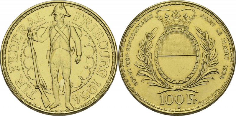 Suisse - Tir Fédéral 
 Canton de Fribourg
 100 francs or - 1934 B Berne. Netto...