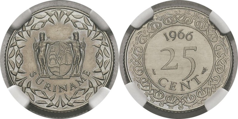 Surinam
 Epreuve sur flan bruni du 25 cents - 1966 Utrecht.
 Très rare.
 Flan...