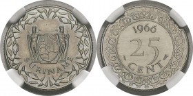 Surinam
 Epreuve sur flan bruni du 25 cents - 1966 Utrecht.
 Très rare.
 Flan Bruni - NGC PF 65
 100 / 200