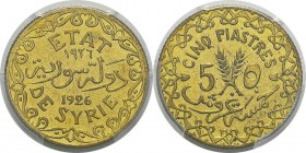 Syrie
 Mandat français (1920-1946) 
 Essai du 5 piastres - 1926 Paris. 
 Tranche striée - Frappe médaille. 
 Très rare.
 Frappe d'Epreuve - PCGS ...