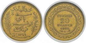 Tunisie
 Mohamed El Hadi (1320-1324 AH / 1902-1906) 
 20 francs or - 1321 AH / 1903 A Paris.
 Rare qualité.
 Pratiquement FDC - NGC MS 63
 300 / ...