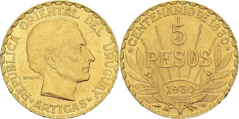 Uruguay
 République (1930 à nos jours)
 5 pesos or - 1930 Paris - L. Bazor. 
...