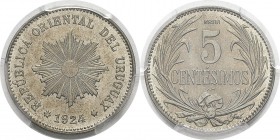 Uruguay
 République (1830 à nos jours)
 Essai en cupro-nickel du 5 centesimos - 1924 (éclair) Poissy.
 D'une grande rareté.
 Frappe d'Epreuve - PC...
