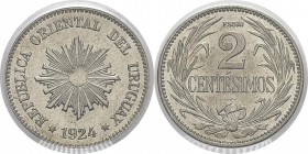 Uruguay
 République (1830 à nos jours)
 Essai en cupro-nickel du 2 centesimos - 1924 (éclair) Poissy.
 D'une grande rareté.
 Frappe d'Epreuve - PC...