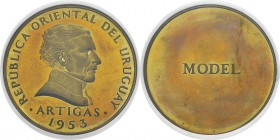 Uruguay
 République (1930 à nos jours)
 Essai de frappe en bronze sur flan bruni
 du peso argent - 1953 Très rare.
 Flan Bruni - NGC PF 65
 100 /...