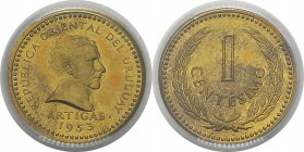 Uruguay
 République (1830 à nos jours)
 Epreuve en or sur flan bruni du 1 centesimo cupro-nickel - 1953
 Très rare - 100 exemplaires. 
 Flan Bruni...