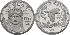 USA
 République fédérale (1789 à nos jours)
 25 dollars platine - 1999 W West Point (New York). 
 Flan Bruni - PCGS PR 69 DEEP CAMEO
 400 / 500...