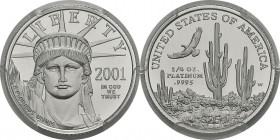 USA
 République fédérale (1789 à nos jours)
 25 dollars platine - 2001 W West Point (New York). 
 Flan Bruni - PCGS PR 69 DEEP CAMEO
 400 / 500...