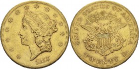 USA
 République fédérale (1789 à nos jours) 
 20 dollars or - 1857 S San Francisco. 
 Rayure au revers.
 Superbe
 1.200 / 1.400
