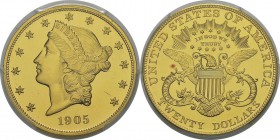 USA
 République fédérale (1789 à nos jours)
 Epreuve sur flan bruni du 20 dollars or - 1905 Philadelphie.
 Rarissime - 92 exemplaires. D’une qualit...