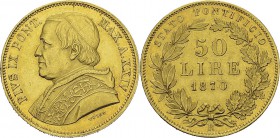 Vatican
 Pie IX (1846-1878)
 50 lires or - 1870 An XXIV R Rome. 
 Très rare - 1459 exemplaires.
 Superbe à FDC - NGC MS 61
 2.500 / 2.800