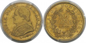 Vatican
 Pie IX (1846-1878)
 10 lires or - 1866 An XXI R Rome. 
 Rare - 8578 exemplaires.
 Superbe - PCGS AU 55
 200 / 300