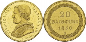 Vatican
 Pie IX (1846-1878)
 Epreuve en or sur flan bruni du 20 baiocchi - 1850 An IV R Rome.
 Unique - Exemplaire de la vente Farouk.
 Flan Bruni...