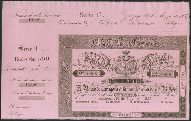 500 Reales. 14 de Mayo de 1857. Banco de Zaragoza. Serie C y con matriz. (Edifil...