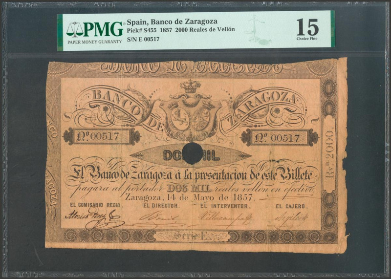2000 Reales. 14 de Mayo de 1857. Banco de Zaragoza. Serie E, con taladros y firm...