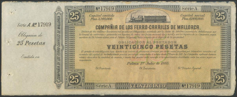 25 Pesetas (obligación utilizada como papel moneda). 1 de Julio de 1885. Serie A...