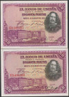Conjunto de 2 billetes de 50 Pesetas emitidos el 15 de Agosto de 1928, ambos con la serie E (Edifil 2017: 354), conservando su apresto original. SC/EB...