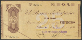 25 Pesetas. 1 de Septiembre de 1936. Sucursal de Bilbao. Sin serie y antefirma de la Caja de Ahorros Vizcaína. (Edifil 2017: 369i). EBC.