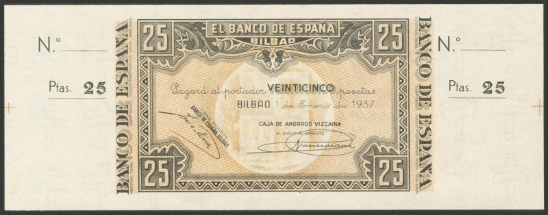 25 Pesetas. 1 de Enero de 1937. Sucursal de Bilbao, antefirma Caja de Ahorros Vi...