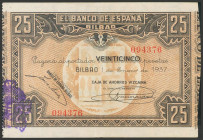 25 Pesetas. 1 de Enero de 1937. Sucursal de Bilbao, con la antefirma Caja de Ahorros Vizcaína. (Edifil 2017: 388a). EBC.